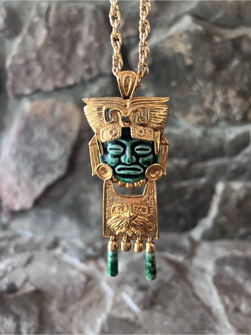 Vintage Salvador Teran Gold-Tone Aztec Mask Pendant Necklace rare